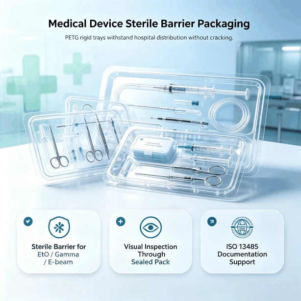 PETG sheet thermoformed into medical device sterile barrier packaging trays for surgical instruments and implantable devices